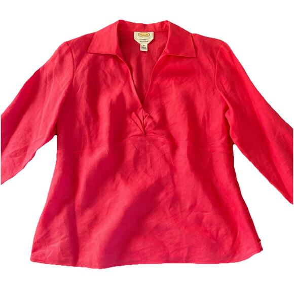 Talbots Irish Linen 3/4 Sleeve V-neck Side Zip Dark Pink Top Size 8 - Picture 3 of 14